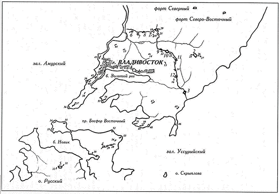 Рис. 2. Схема расположения фортификационных сооружений Владивостокской крепости в 1899-1904 гг. Источник: Аюшин Н.Б. Владивостокская крепость. Владивосток, 2006. С. 54.