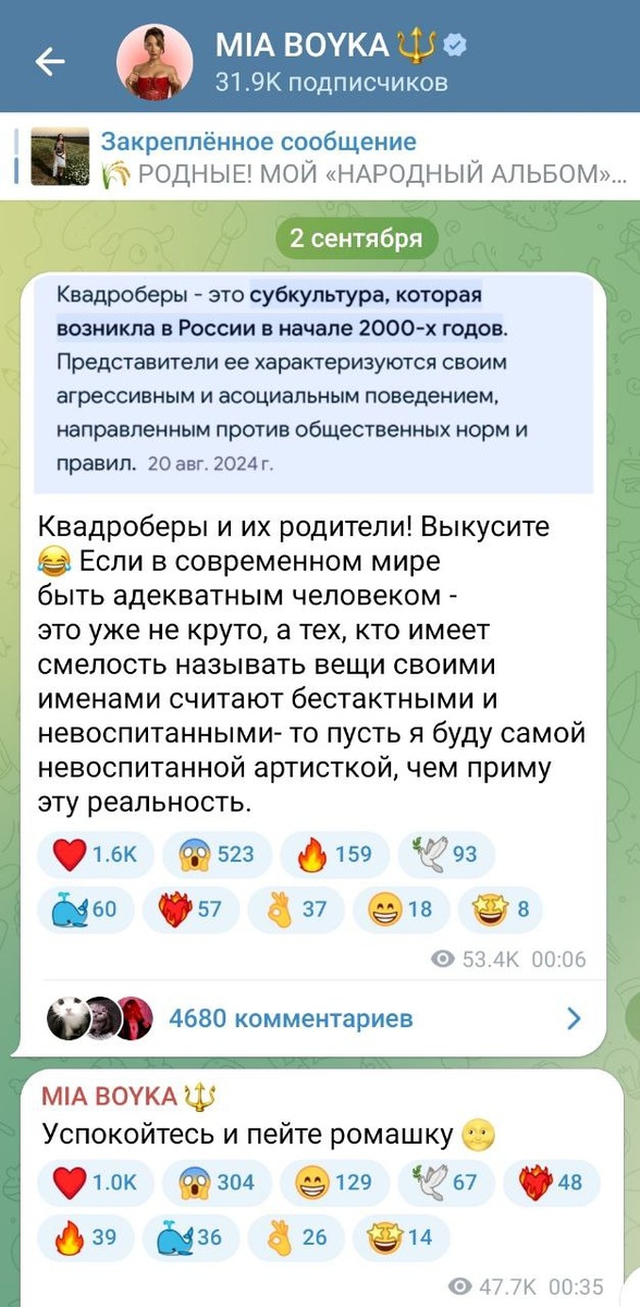 На Миа Бойко после ее высказывая про квадроберов ополчились многие фанаты