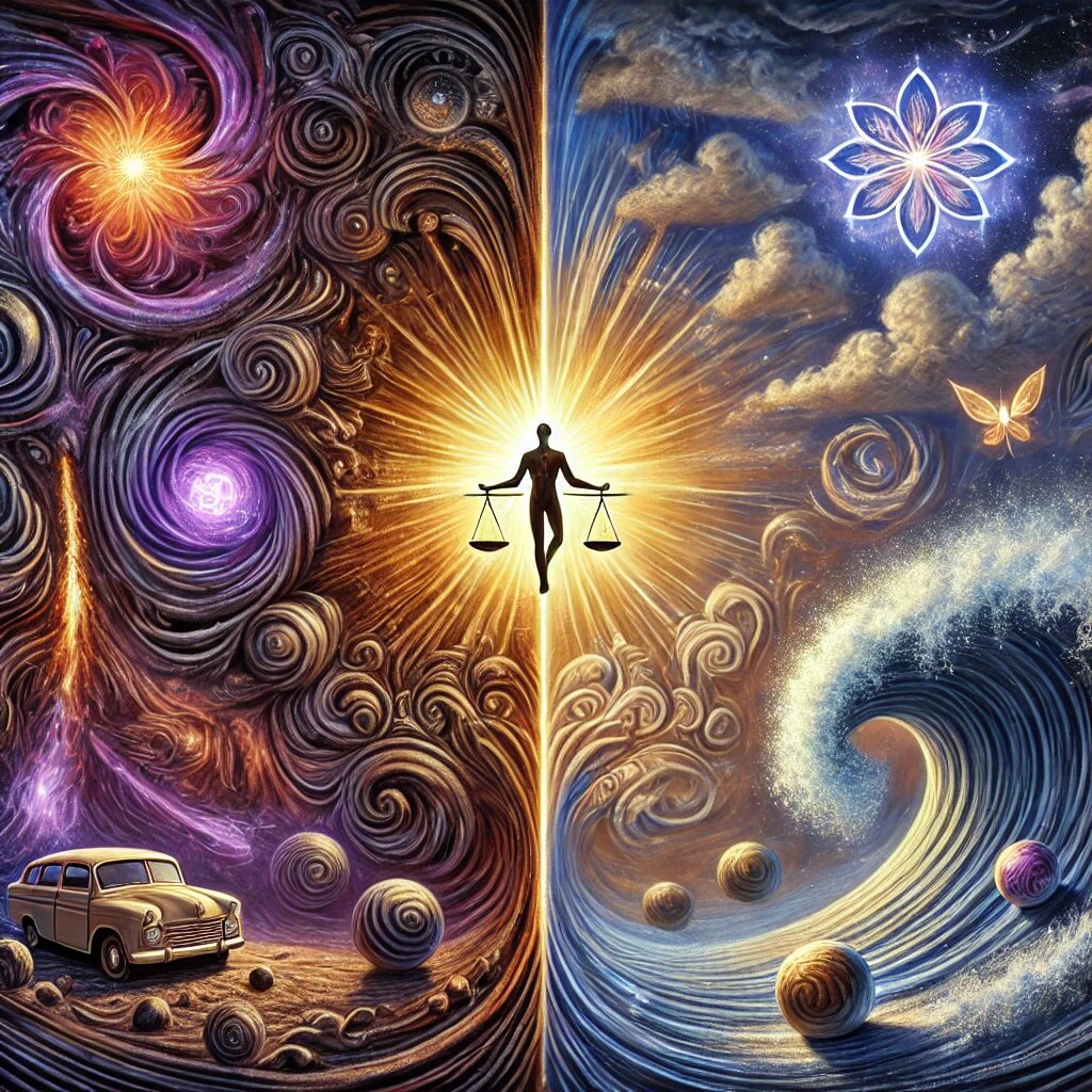 Показывает внутреннюю борьбу между хаосом и искушениями с одной стороны и дисциплиной и гармонией — с другой. Фигура в центре балансирует между этими силами, символизируя выбор в пользу контроля и воли.