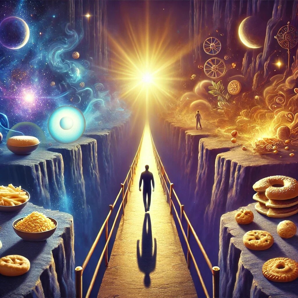 Первая картинка: Изображает человека, идущего по узкой дороге, по краям которой находятся символы искушений, такие как золото и еда. Человек сосредоточенно идёт вперёд, символизируя силу воли и дисциплину.