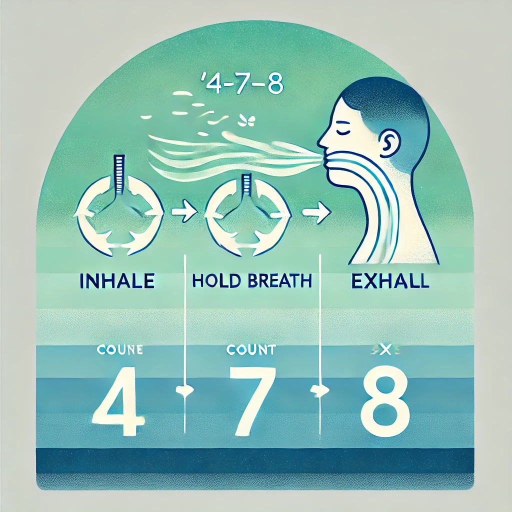 1-3 счета: вдох, 4-7 задержка, 8 выдох