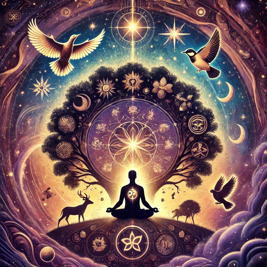 На первом изображении человек медитирует под деревом, окружённый природными символами, такими как птицы, звёзды и животные. Космический свет над фигурой олицетворяет связь с Вселенной и интуицией. Эта визуализация подчёркивает, как ведическая философия интерпретирует знаки природы и судьбы, помогая человеку распознавать сигналы вокруг него.