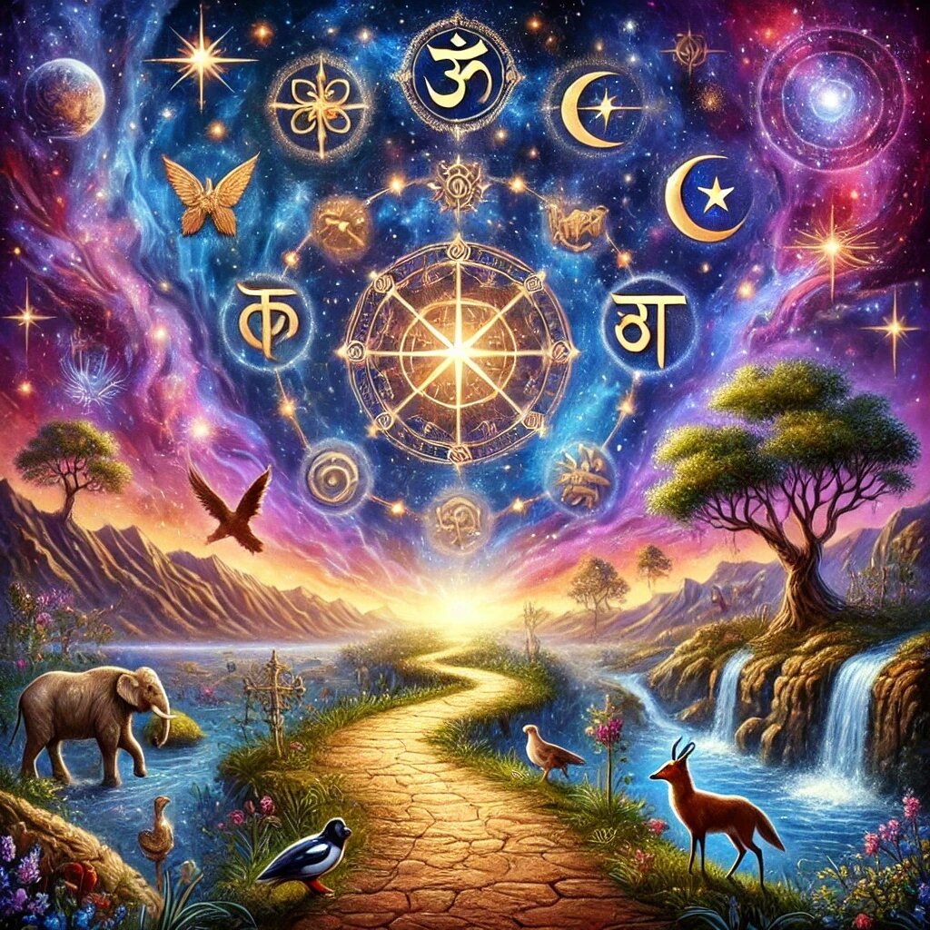 на второй картинке изображён путь, ведущий через природный ландшафт, с деревьями и символами природы. Космические огни и звёзды над путём символизируют руководство и знаки судьбы, помогающие ориентироваться на жизненном пути.