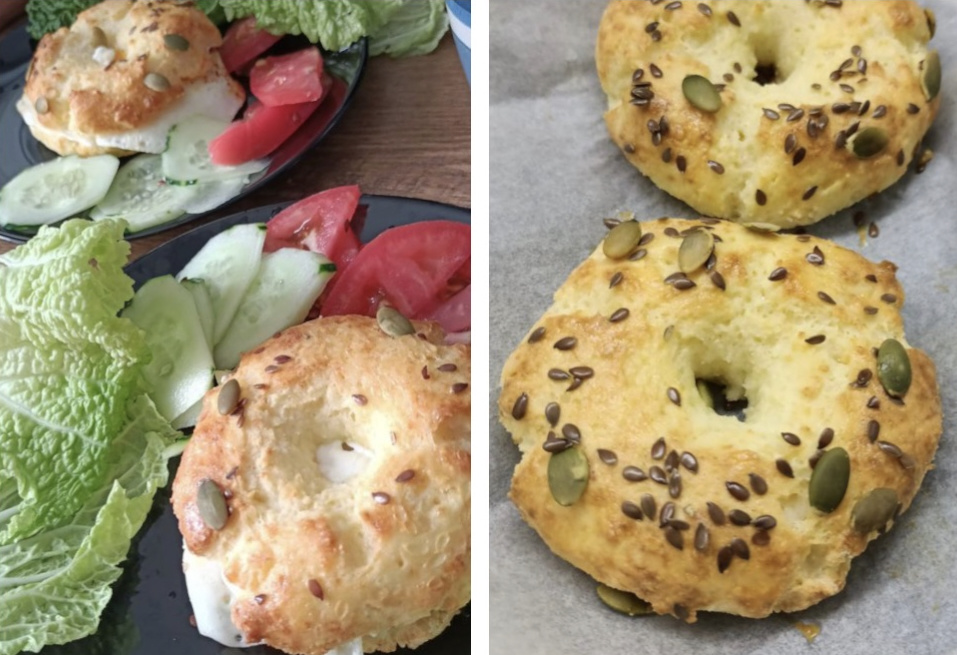 Или творожные бейглы, начинка может быть любой — яйца, мясо, рыба, творожный сыр