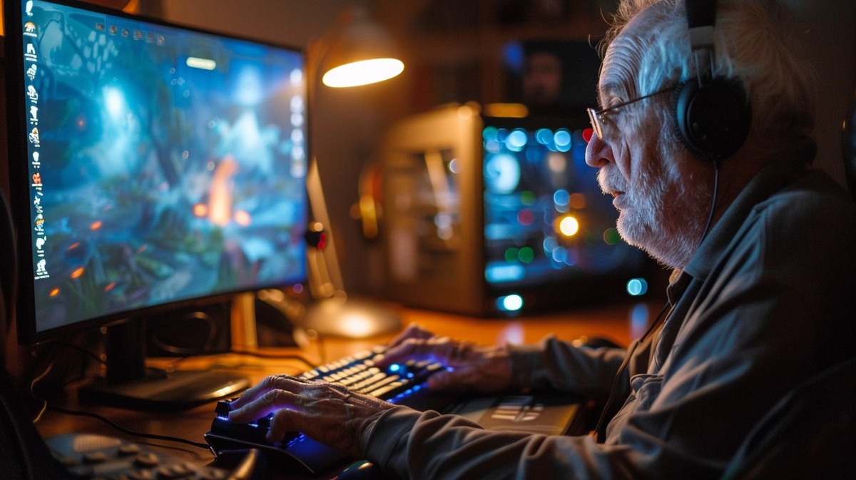 Дедушка за игровым компьютером