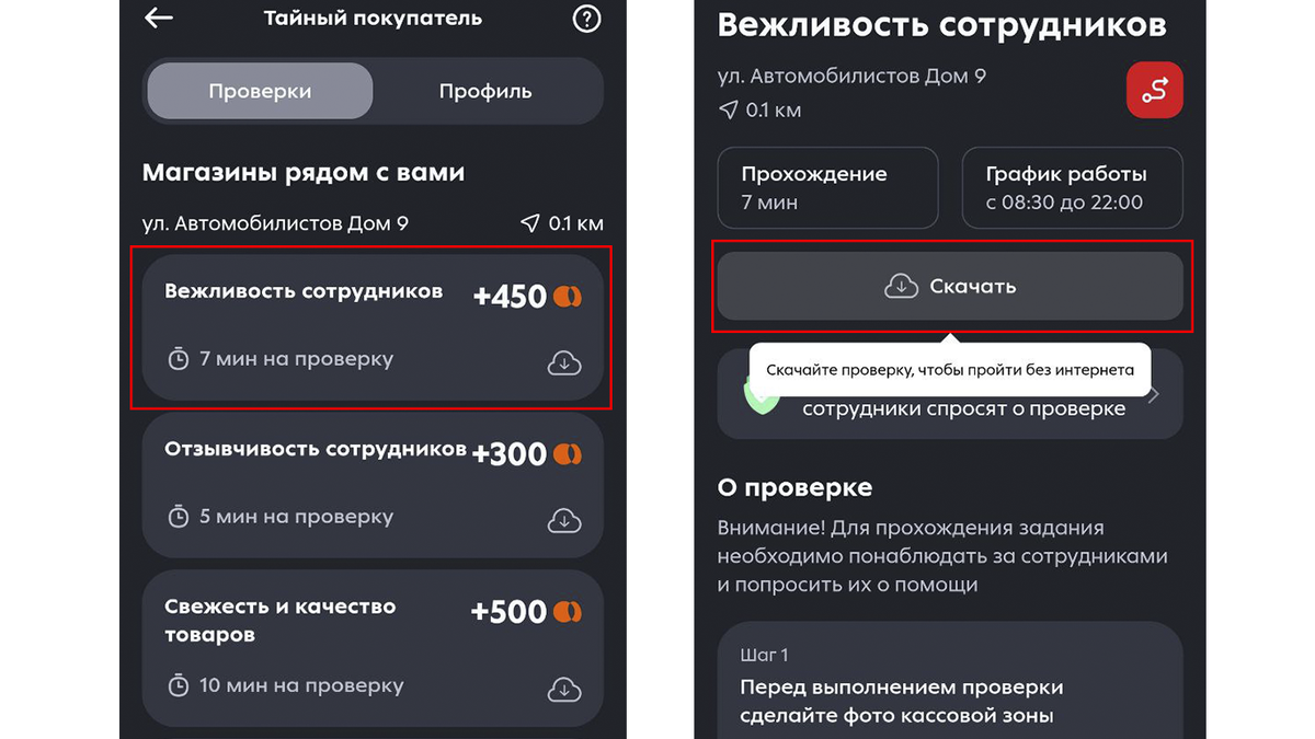 Чтобы загрузить задания проверок, перейдите в профиль тайного покупателя, выберите проверку и нажмите «Скачать»