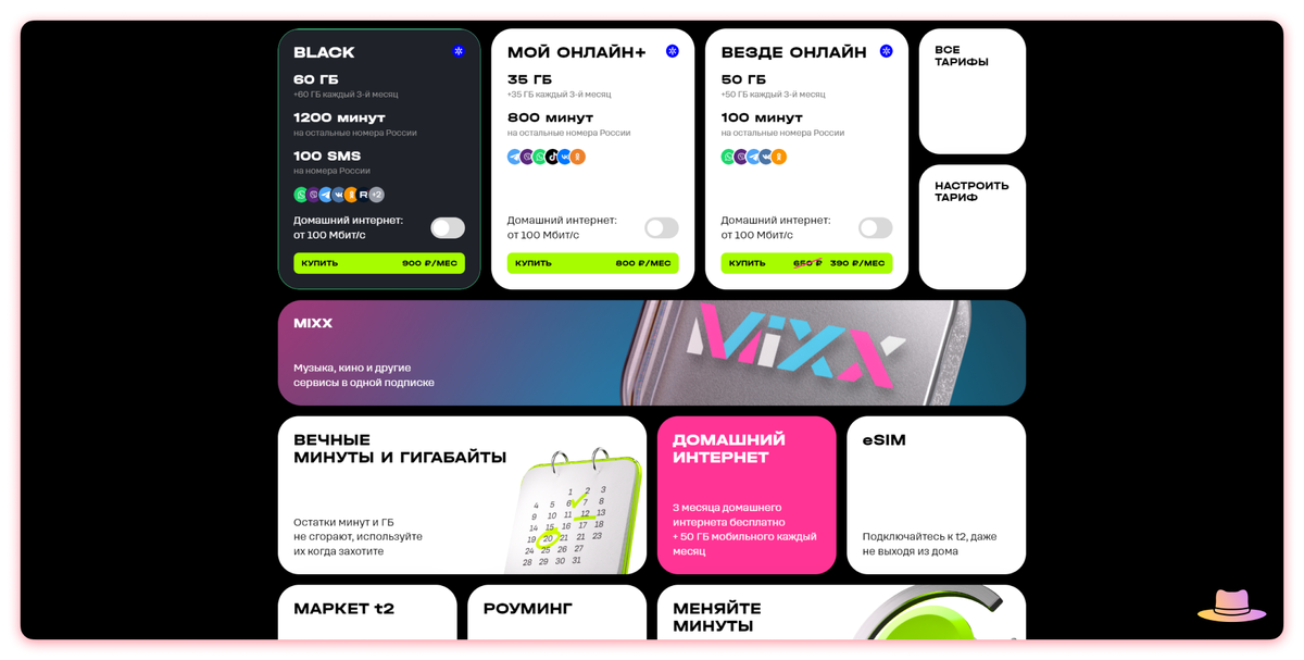 Скриншот с официального сайта с названием тарифов и сервисов.