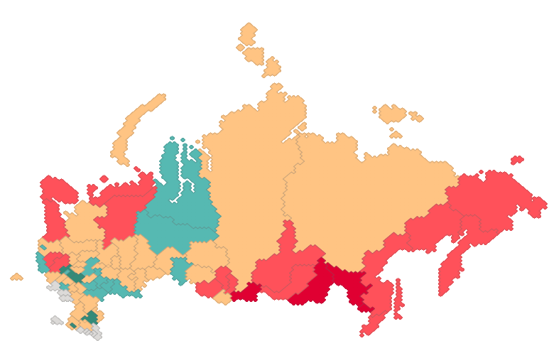 Неполная карта России (минус приграничные регионы и Северный Кавказ) с оценкой уровня криминала. Голубой цвет - самые спокойные, ярко-малиновый - самые криминальные.