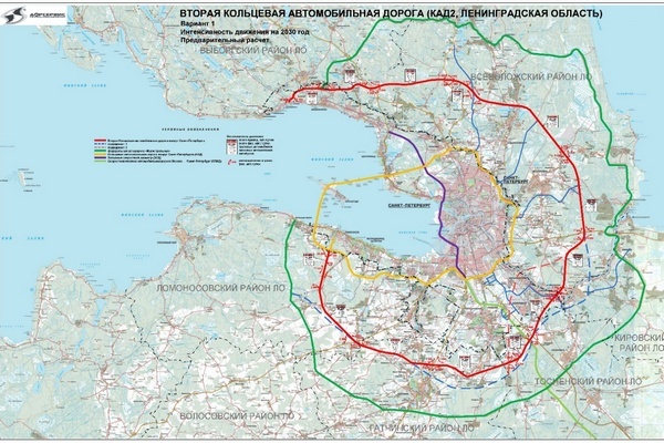 Разработка компании «Дорсервис», генерального проектировщика КАД-1. Желтая линия — КАД-1. Красная линия — ближний вариант КАД-2. Зеленая линия — дальний вариант КАД-2 (Фото: Комитет по транспорту Санкт-Петербурга)