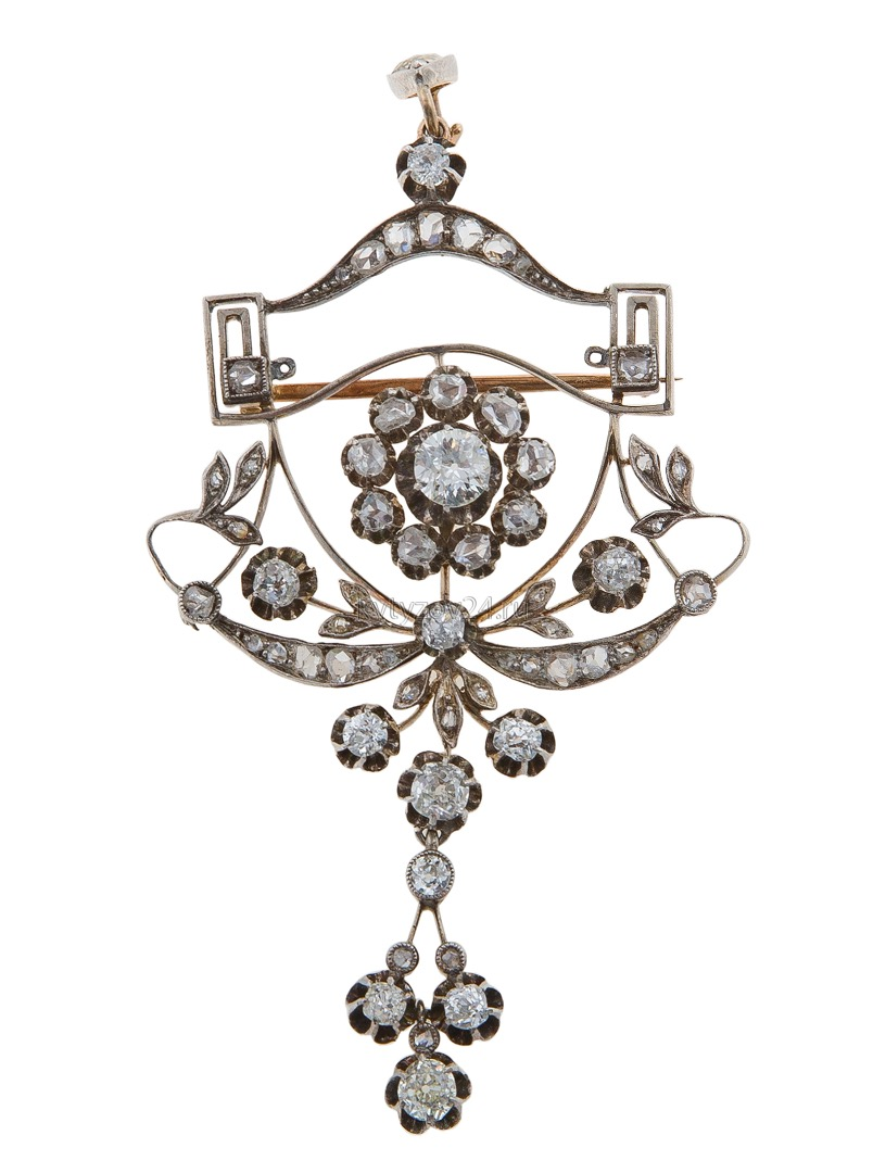 Брошь-подвеска, Россия, Москва. 1908 – 1917 гг. Золото, серебро, бриллианты старинной огранки, алмазы огранки «роза». Коллекция салона "Элит-Антик"