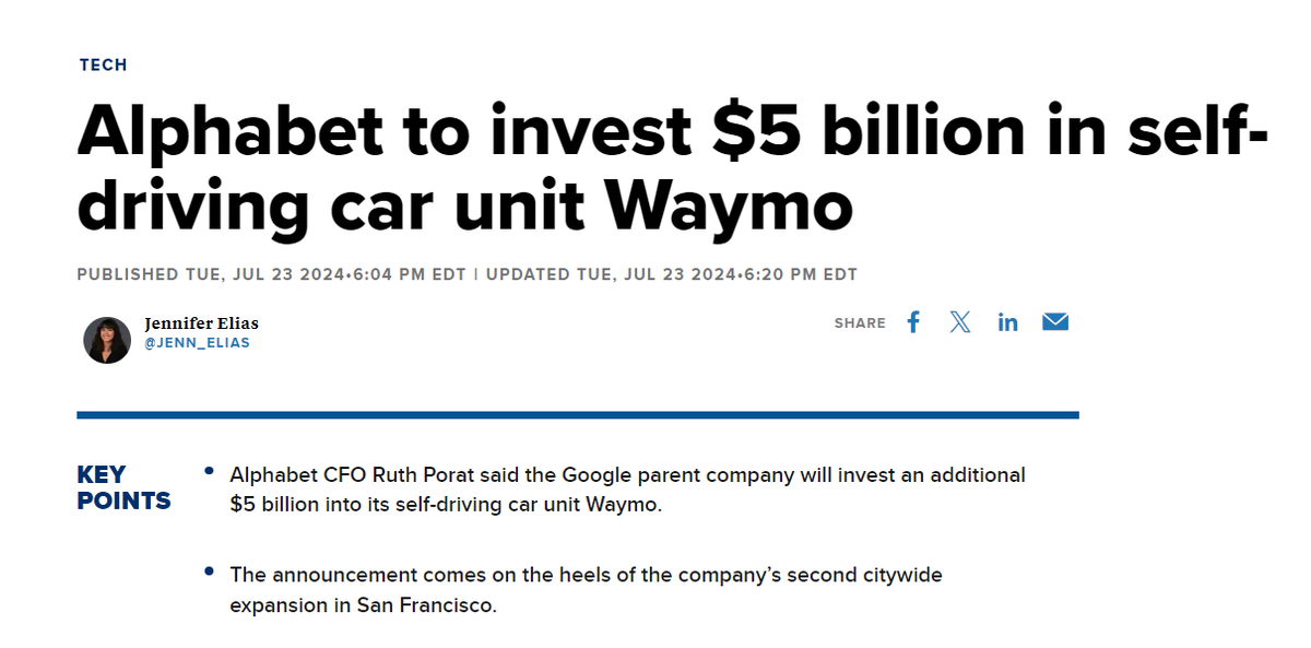 Alphabet объявила о планах инвестировать в Waymo