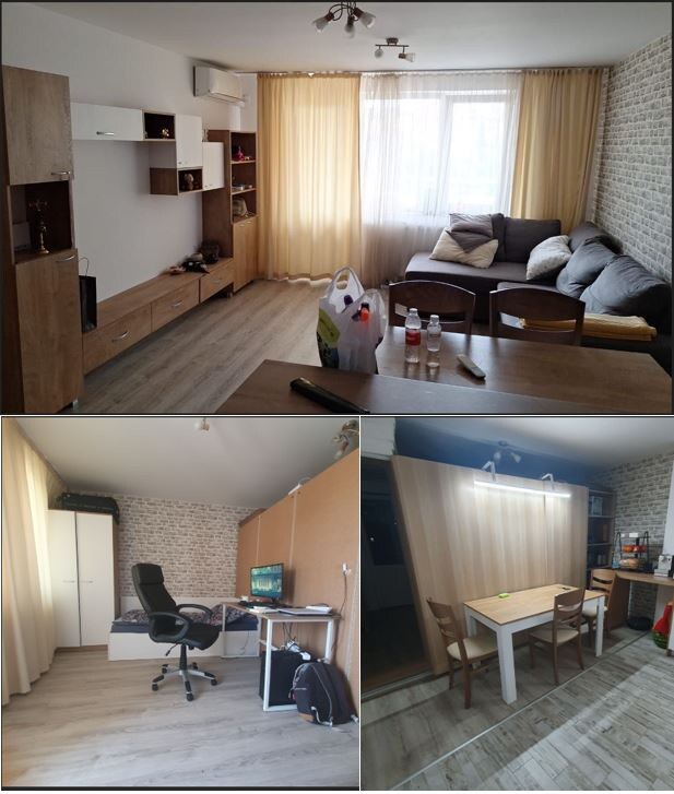 Сверху изначальная гостиная. Всю громоздкую мебель хозяин забрал. Ниже - то, что получилось после разделения: обеденная зона и берлога для сына. Дверь сейчас не задвинута, но может полностью перекрывать проход.