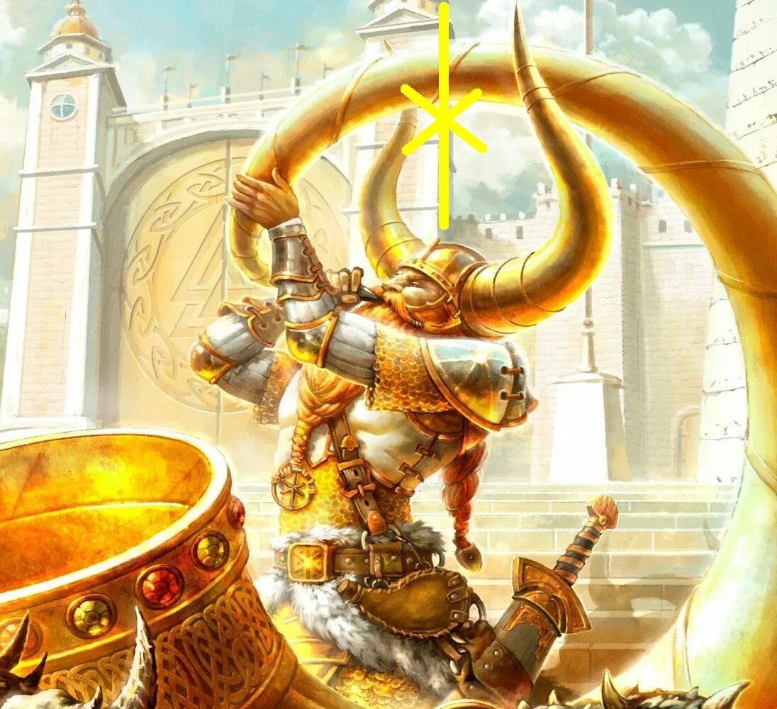 Хеймдалль покровитель второго атта осуществления и страж миров  трубит в Гьяллархорн перед началом Рагнарёка - последней битвы 