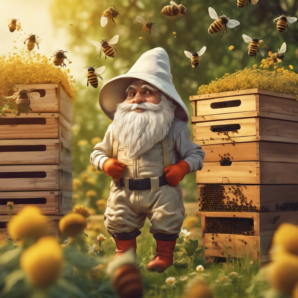 Beautiful gnome beekeeper standing in an apiary among the hives, medium close-up, happy, cheerful, warm colors, very angry bees flying around, summer, hot, lots of plants, telephoto lens, photorealistic, detailed, accurate.