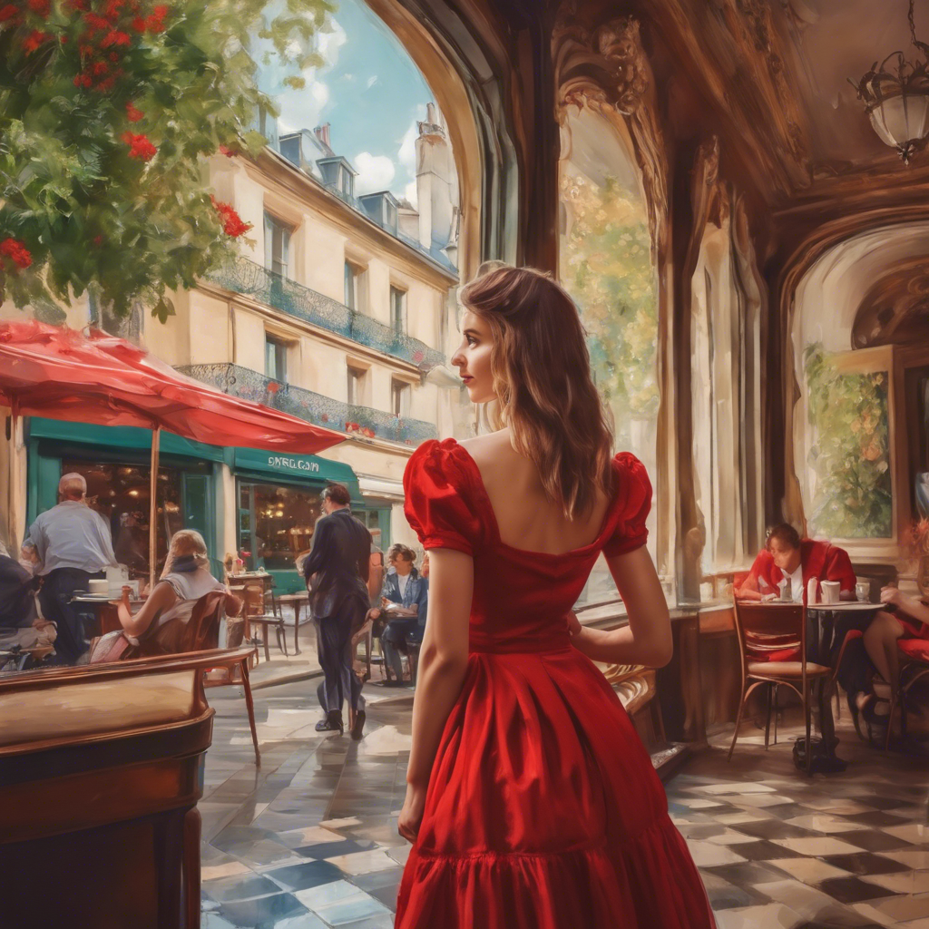 A beautiful tourist girl in a red dress standing in a French cafe looking around, Monet style
