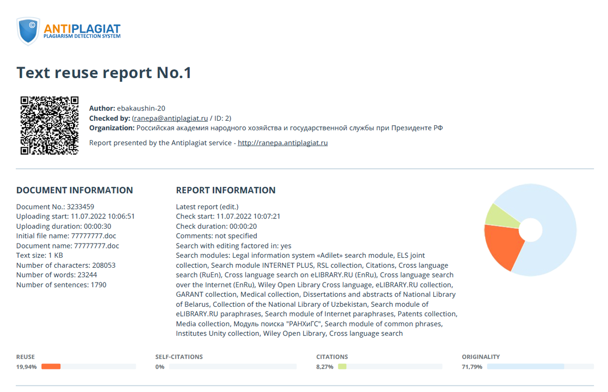 Отчет о проверке в системе Антиплагиат Вуз.