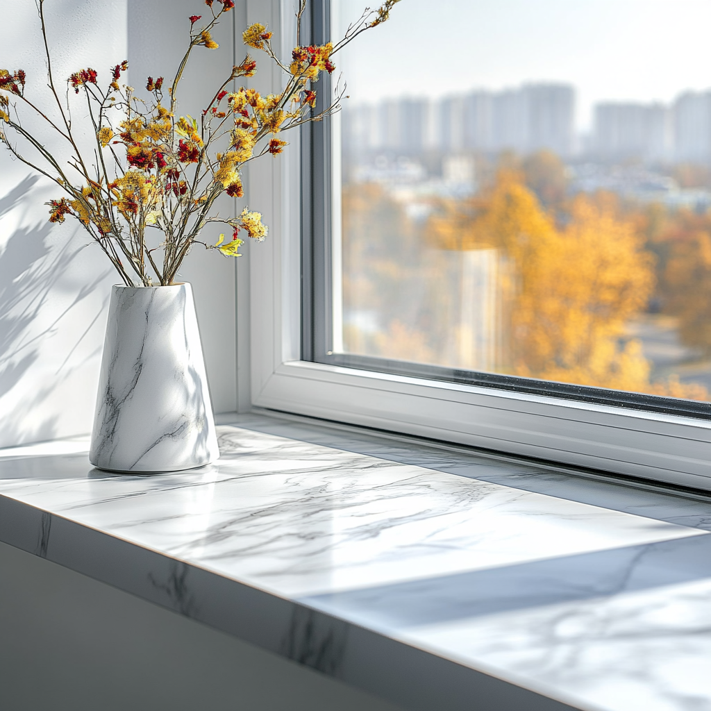 Подоконник из искусственного камня с текстурой под мрамор