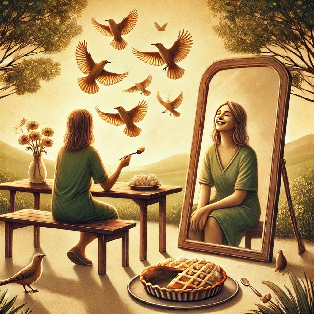 Та самая девушка, кормит птиц, тем самым пирогом