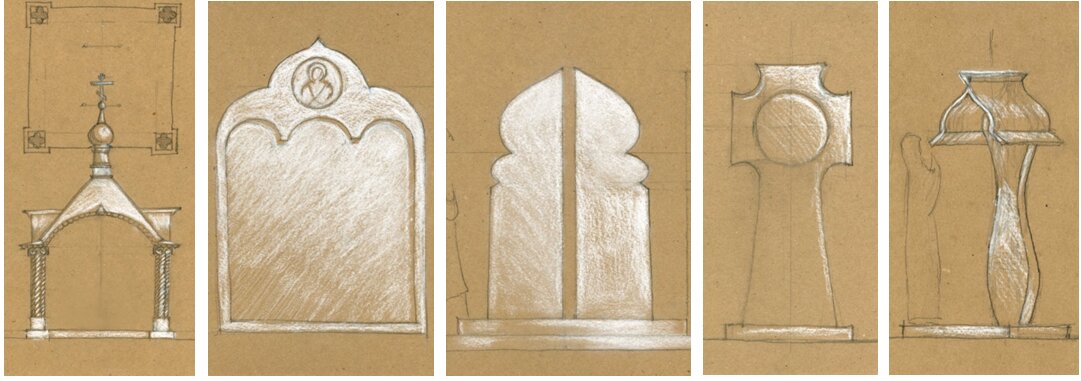 Пример легких сооружений малых архитектурных форм над местами престолов: часовня-навес, памятная мемориальная доска на здании, пилон, крест, пилон с навесом. Арх. Н. Васнецов 