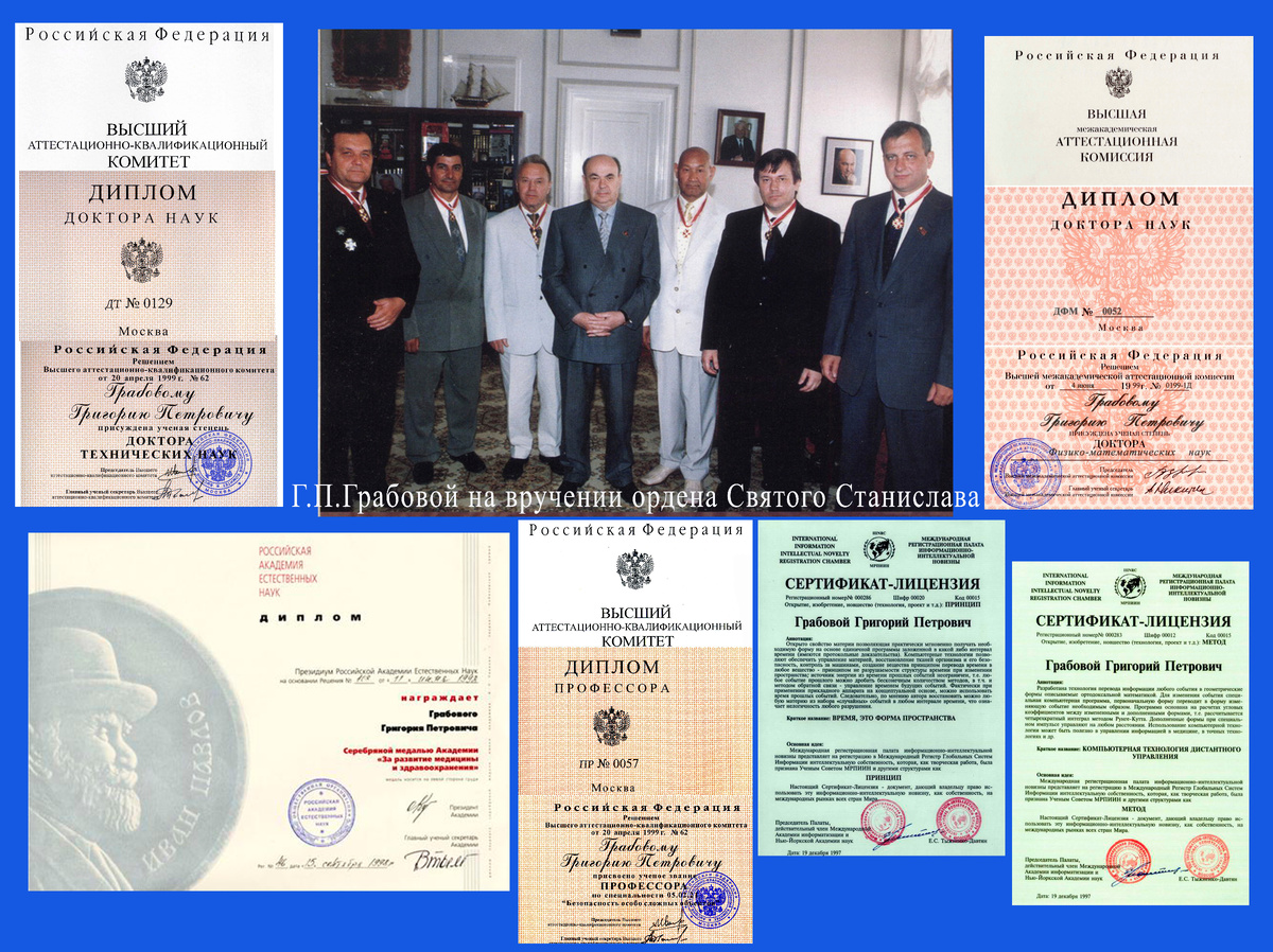 Дипломы и фото патентов Г.П. Грабового находятся в открытом доступе в сети интернет
