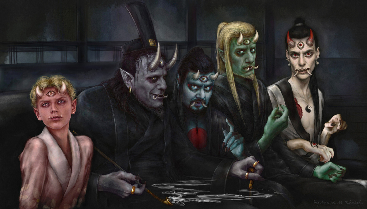 Братья Они, о коих будет упоминание в статье. Слева направо: Акихико, Горо, Хиномару Джиро Изаму, Рюу. Горо- барон, архидемон, управитель Китая и Японии, Данные демоны - реальны. Художник - я.