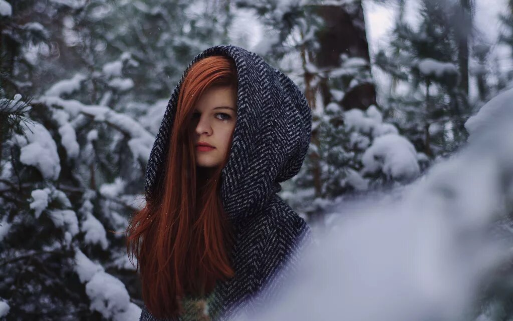 Рыжая в лесу зимой