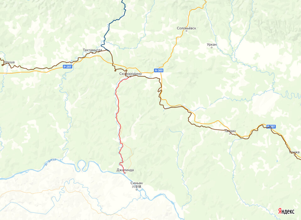 © yandex.ru/map-constructor (Красным — заброшенная ветка Сковородино – Рейново, которую планируется восстановить в ближайшее время. Коричневым — линия Транссиба. Синим — ветка Горелый – Тында, связывающая Транссиб и БАМ)