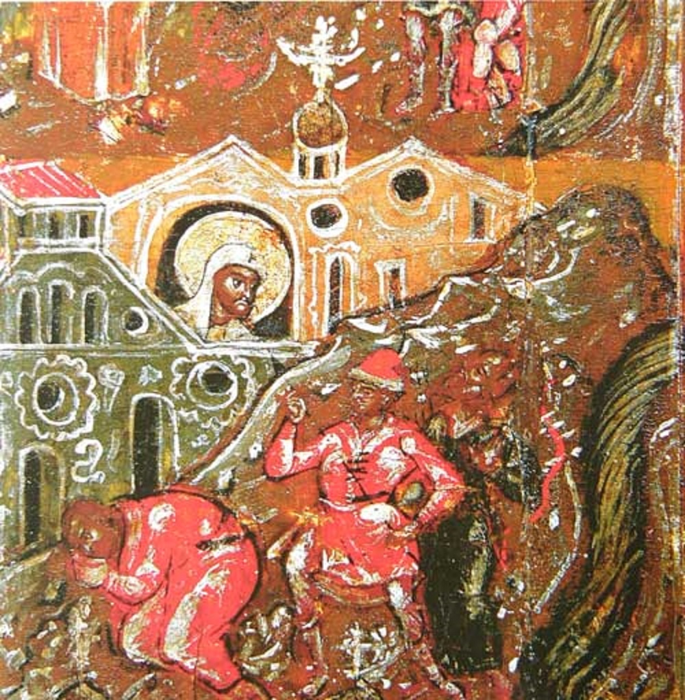 Язычники-ростовчане идут убивать святителя Леонтия. Клеймо иконы «Леонтий Ростовский с житием в 24 клеймах»