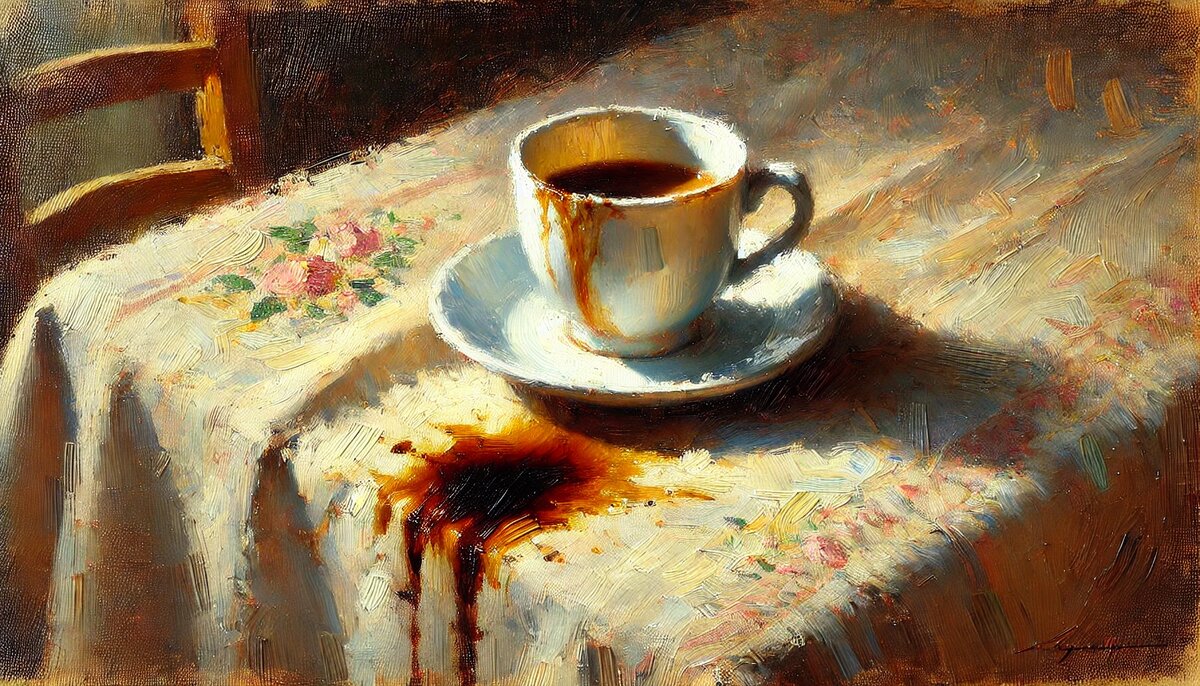 Жидкость выплеснулась через край, оставляя на скатерти неровное бурое пятно.