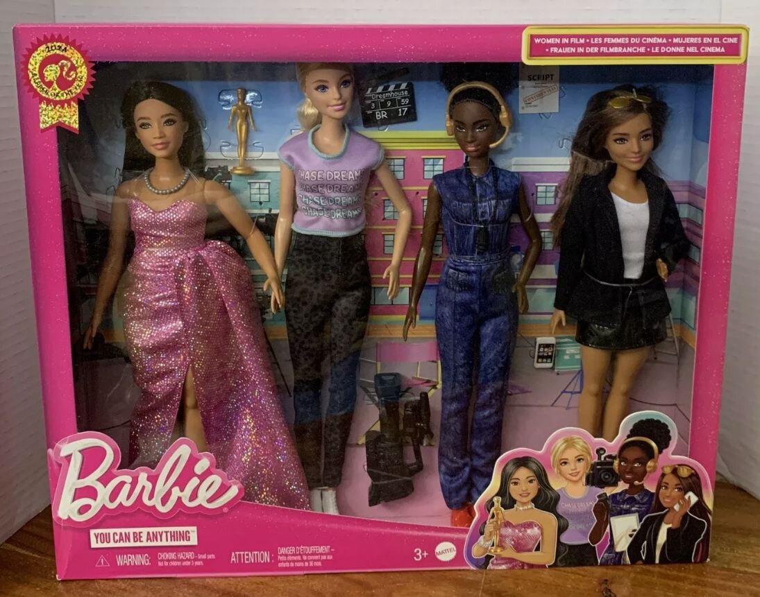 Barbie You can be anything 2024 - Women in film, Женщины в кино сет из 4 кукол, Барби улыбашка на теле петит - живые фото  