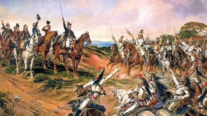 Иллюстрация с домом Педро I в центре, провозглашающим независимость Бразилии.