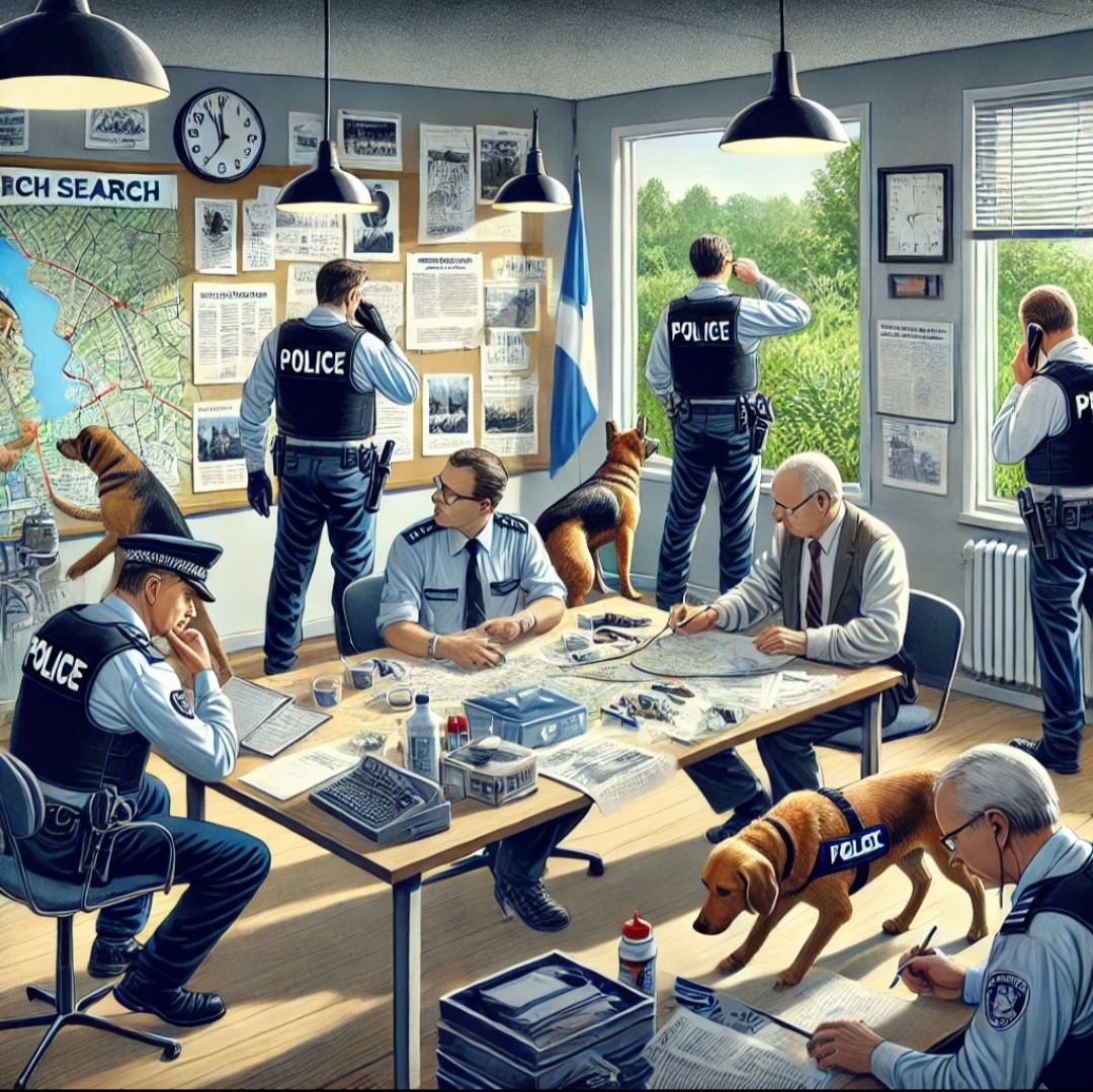 На картинке изображена сцена поисковой операции, проводимой полицией в случае пропажи человека. В центре внимания — полицейские, которые заняты различными поисковыми мероприятиями: они анализируют улики на стенде, используют поисковых собак и общаются с обеспокоенными родственниками. Сцена частично проходит в полицейском участке, где видны карты и доказательства на стенах, а также на открытой местности, вероятно, в парке или лесу. Атмосфера картины серьёзная и сочувствующая, подчеркивающая приверженность полицейских делу и эмоциональную вовлеченность семьи пропавшего. Цветовая гамма спокойная и профессиональная, отражающая важность и напряженность ситуации.