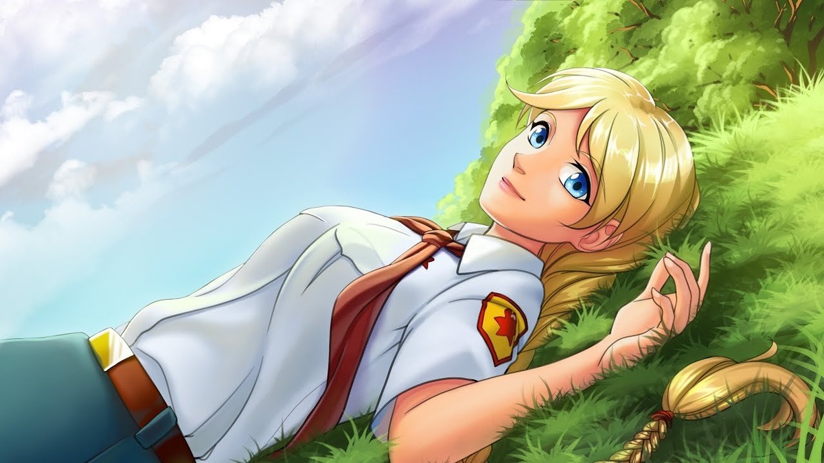 Фан арт с трудолюбивой пионерской Славяной Феоктистовой на траве.