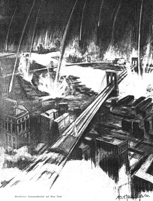  Ракетная атака на Нью-Йорк. Иллюстрация А. Хеннингера к статье Г. Оберта «Три стороны ракеты» (1930)