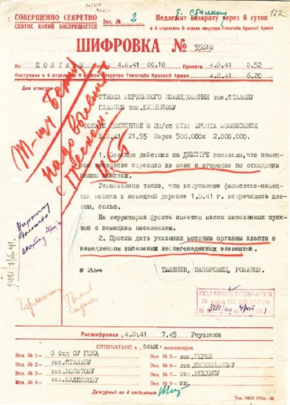 Шифровка №55618 о случаях предательства со стороны немецкого населения. Подписано И. В. Сталиным "Надо выселить с треском".
