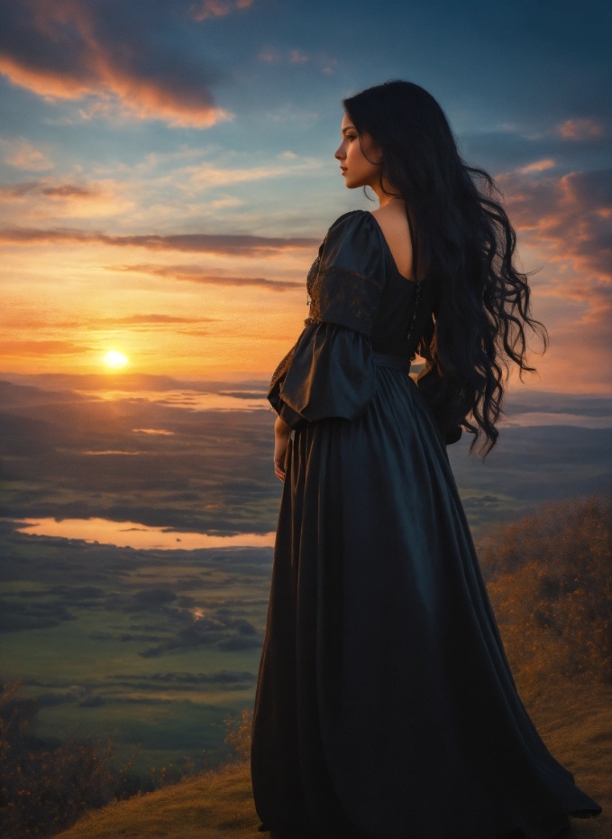 Девушка ищет Солнце, как сердце своё, а Солнце идёт к закату, с Востока лишь ночь встаёт... Изображение от ИИ Lexica