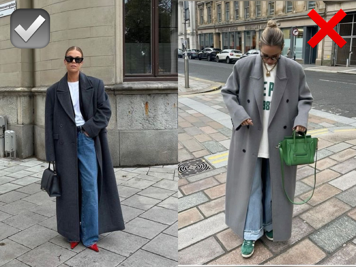 Варианты образов с объемным пальто. В первом случае верх заправлен в джинсы, во втором  - нет. На первом фото девушка выглядит стройнее и подчеркнута длина ног, на втором фигура полностью спрятана и пропорции искажены. 