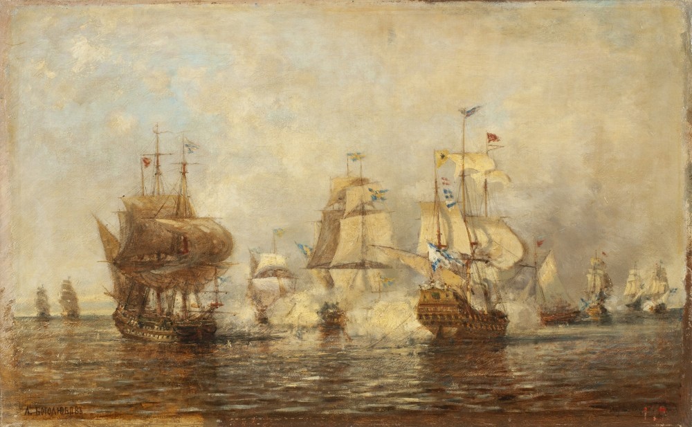 Линкор "Портсмут" на картине А. П. Боголюбова - чуть правее центра полотна