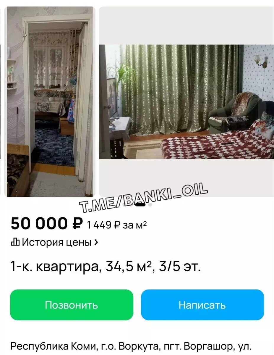За 50 тысяч рублей можно приобрести 34-метровую квартиру в Воргашоре. Фото: Авито