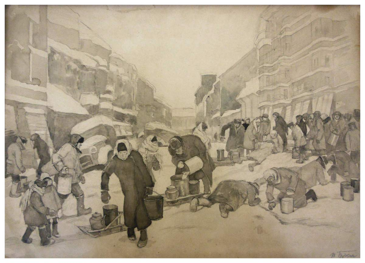Пётр Бучкин. За водой. Улица Рубинштейна. Зима 1941–1942