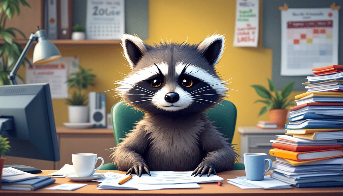 Очень загруженный енотик. Flux 1.1 Pro