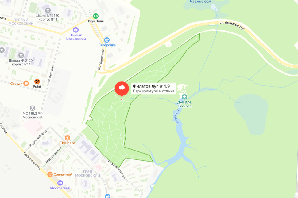 Парк «Филатов Луг» на карте. Источник: Карты Яндекс 