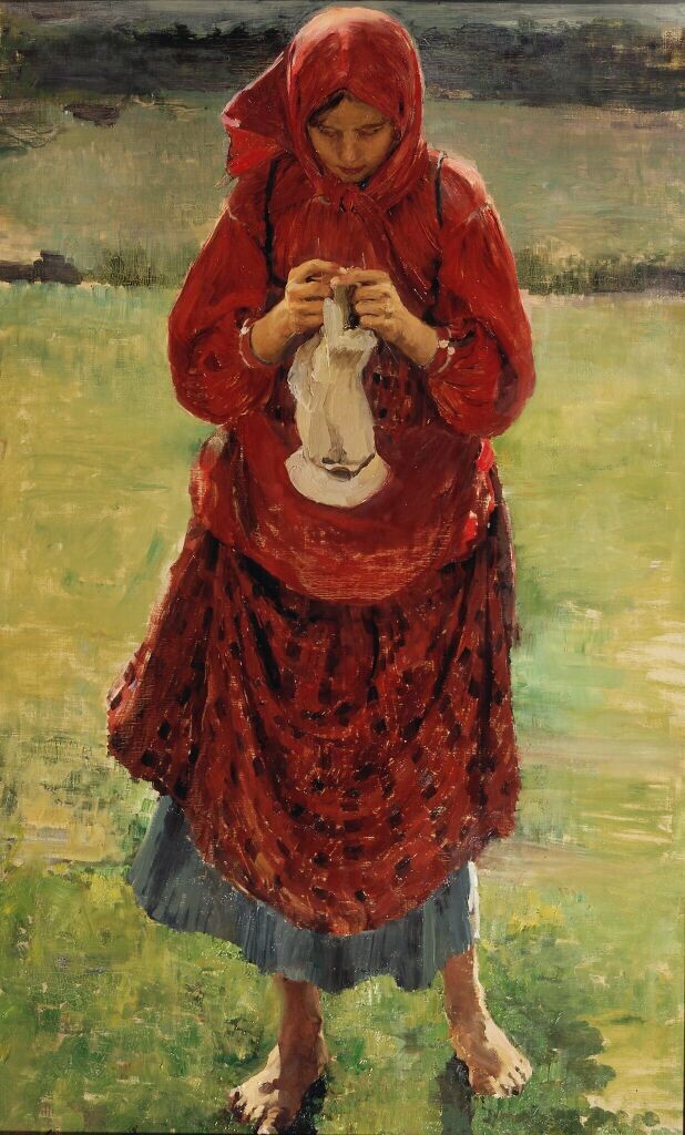 Филипп Малявин. Крестьянская девушка с чулком. 1895