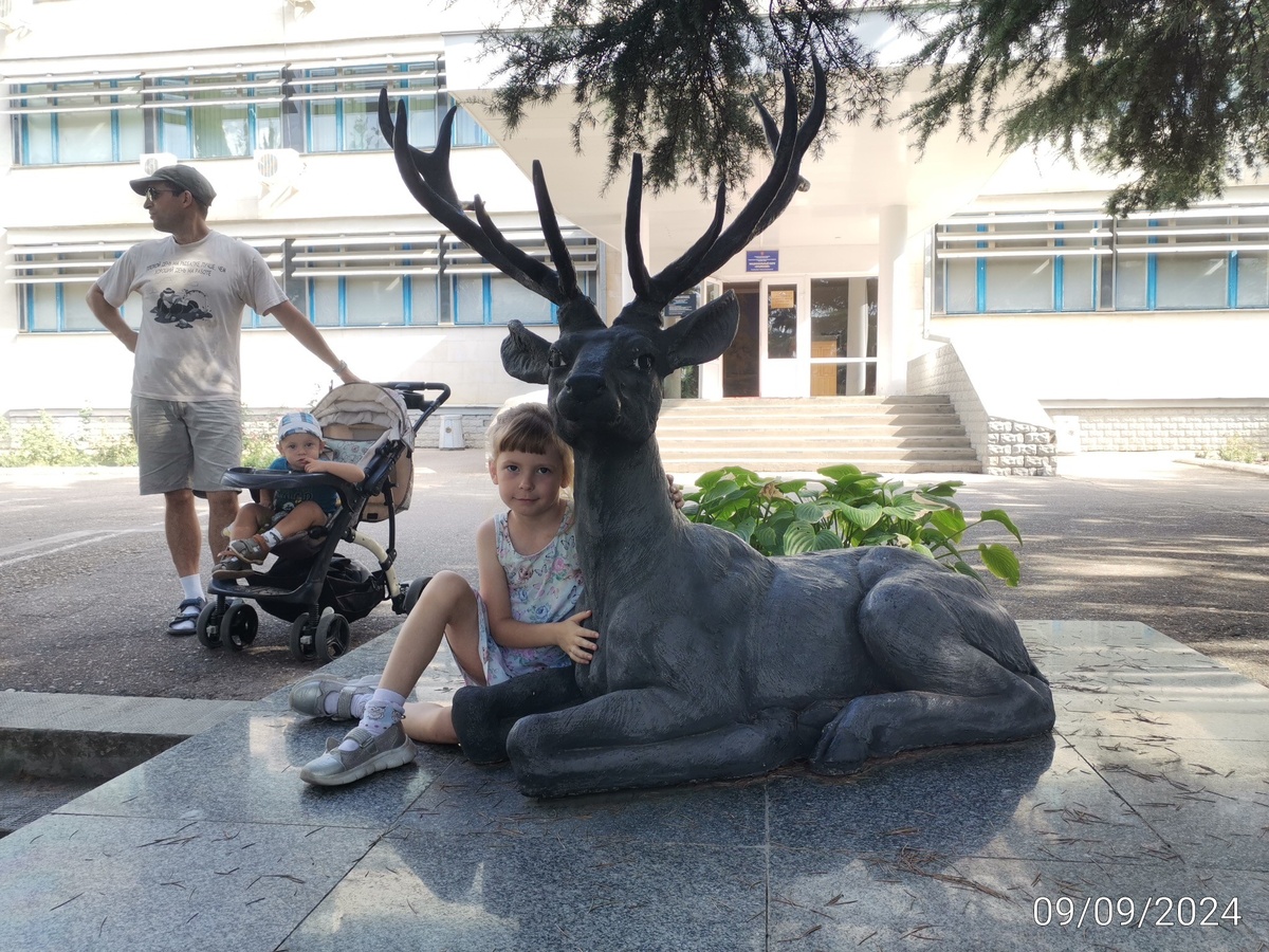 Олень у входа в Дендрозоопарк. На заднем плане музей крымской природы (на 1 этаже). 