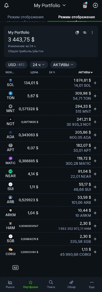 Список криптовалют в портфеле: Solana (SOL), Toncoin (TON), Mantle (MNT), Notcoin (NOT), Cardano (ADA), Aptos (APT), Polygon (MATIC), Near Protocol (NEAR), Sui (SUI), Arbitrum (ARB), Arkham (ARKM), Hamster (HAM), Songbird (SGB), Corgi Coin (CORGI).