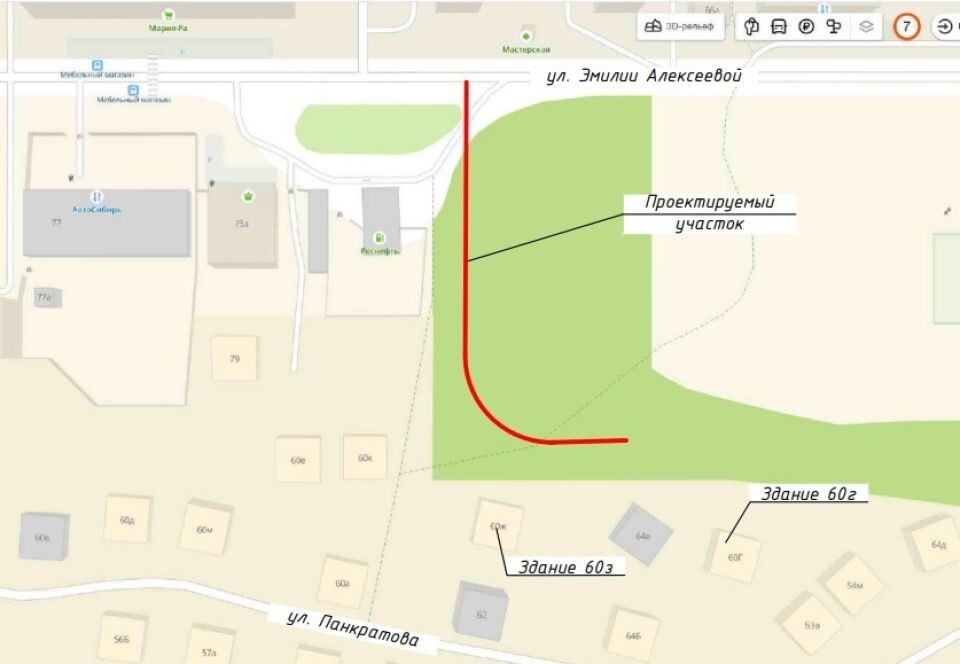    Дорога от ул. Эмилии Алексеевой. Ситуационный план. Источник: "Алтайкоммунпроект"
