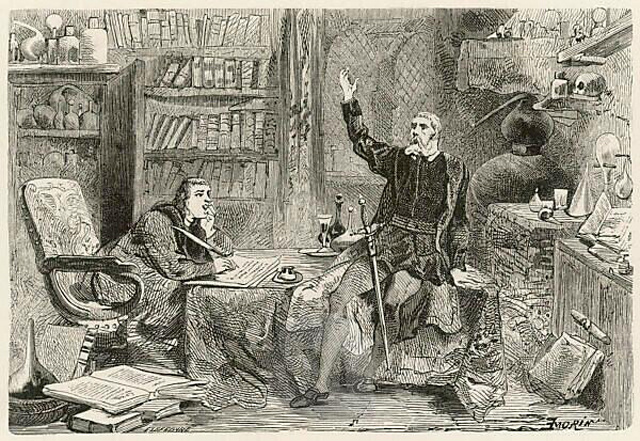 Филипп Ауреол Теофраст Бомбаст фон Гогенхайм, известный как Парацельс, изображен диктующим своему помощнику