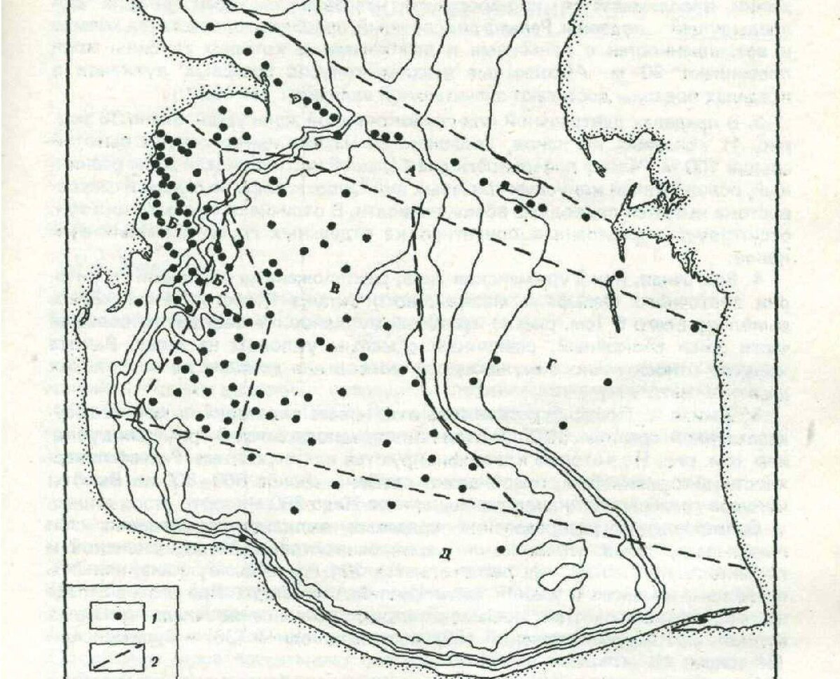 Расположение морских грязевых вулканов в Южно-Каспийской впадине. Точками отмечены вулканы. Пунктирной линией - границы условных зон вулканов. Из книги "Геолого-геоморфологические исследования Каспийского моря", 1983