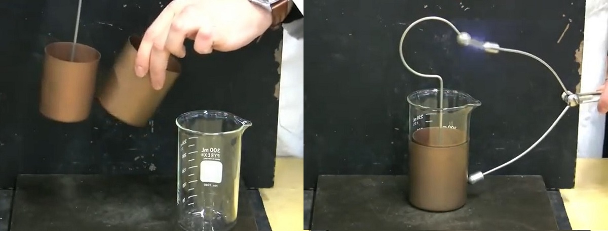 Рис. 1. Опыт с разборной лейденской банкой: электроды обрели разность потенциалов от диэлектрика (источник: МТИ)