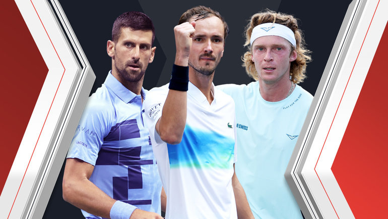    Новак Джокович, Даниил Медведев и Андрей Рублев. Getty Images